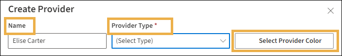 Create provider window with yellow highlight boxes around the Name, Provider type, and provider color fields.